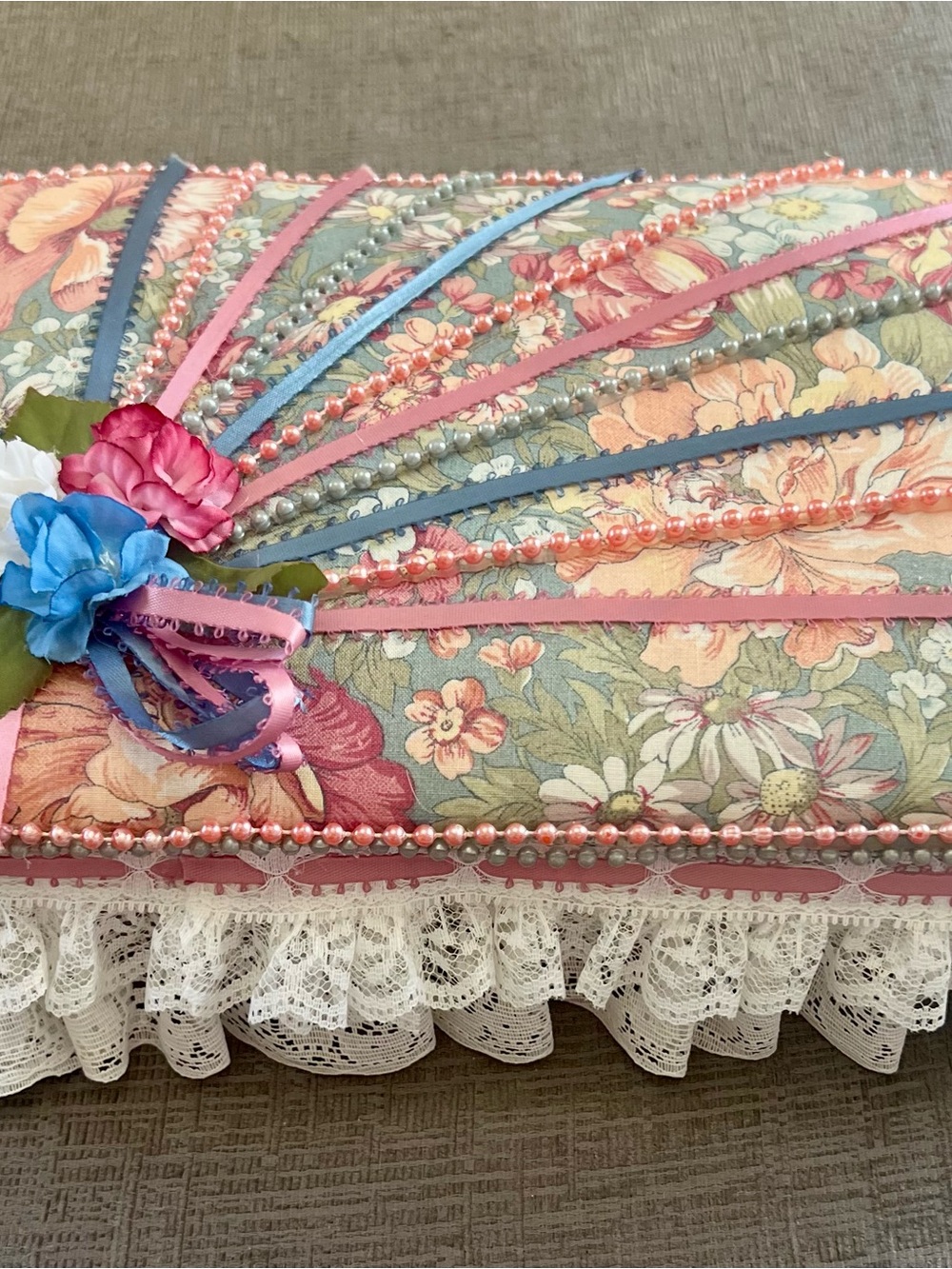 Floral Lace Storage Cushion in Cream with Pink & Blue Accents